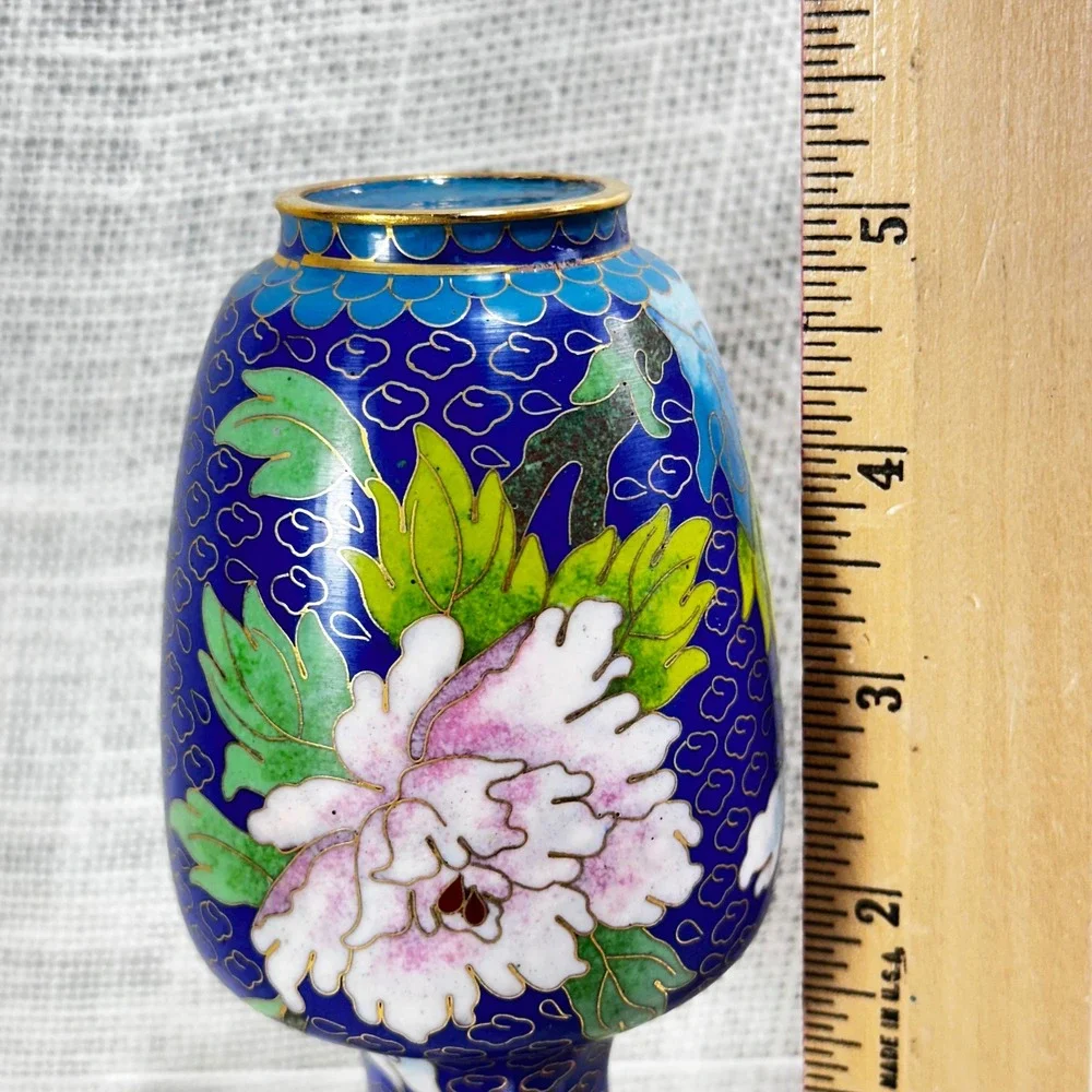 Vintage Cloisonne Enamel Floral Vase Cobalt Blue Peony 5 Inch Chinese Decorative